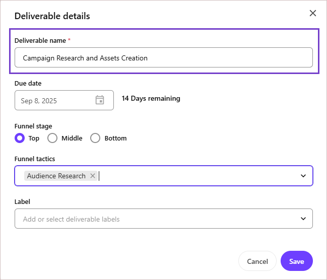 Enter the name of the deliverable and other details. Enter the name of the deliverable and other details.