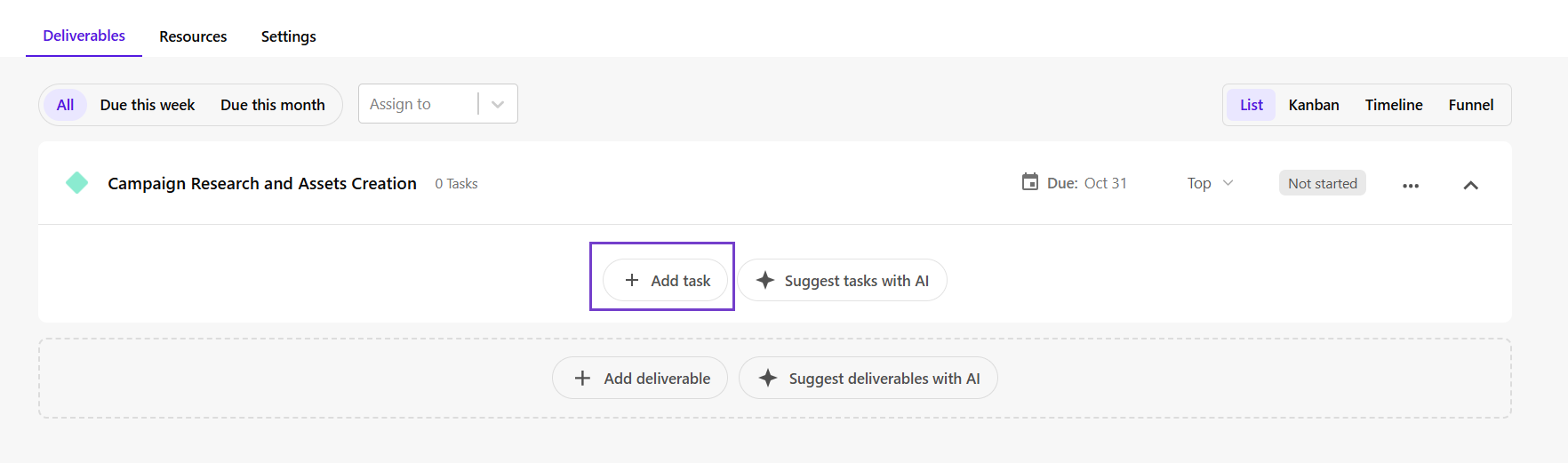 Click Add task to add a task to your deliverable.