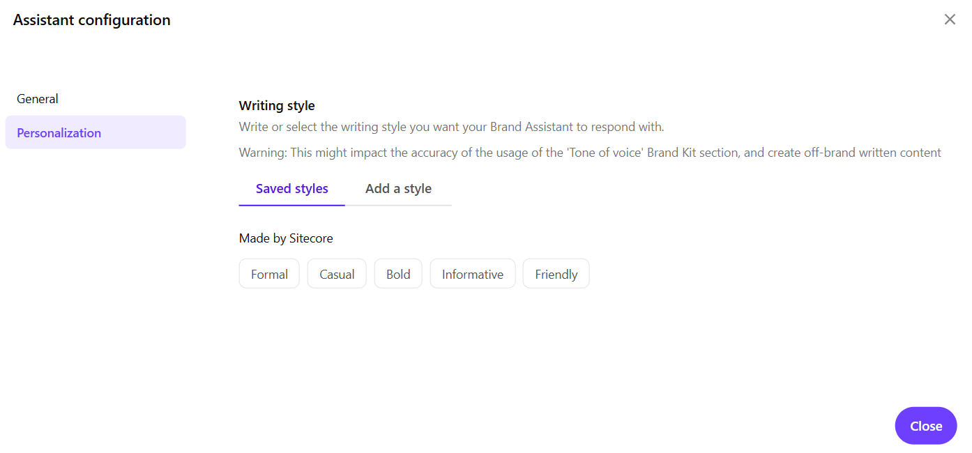 Use the Personalization tab on the Assistant Configuration dialog to select a writing style