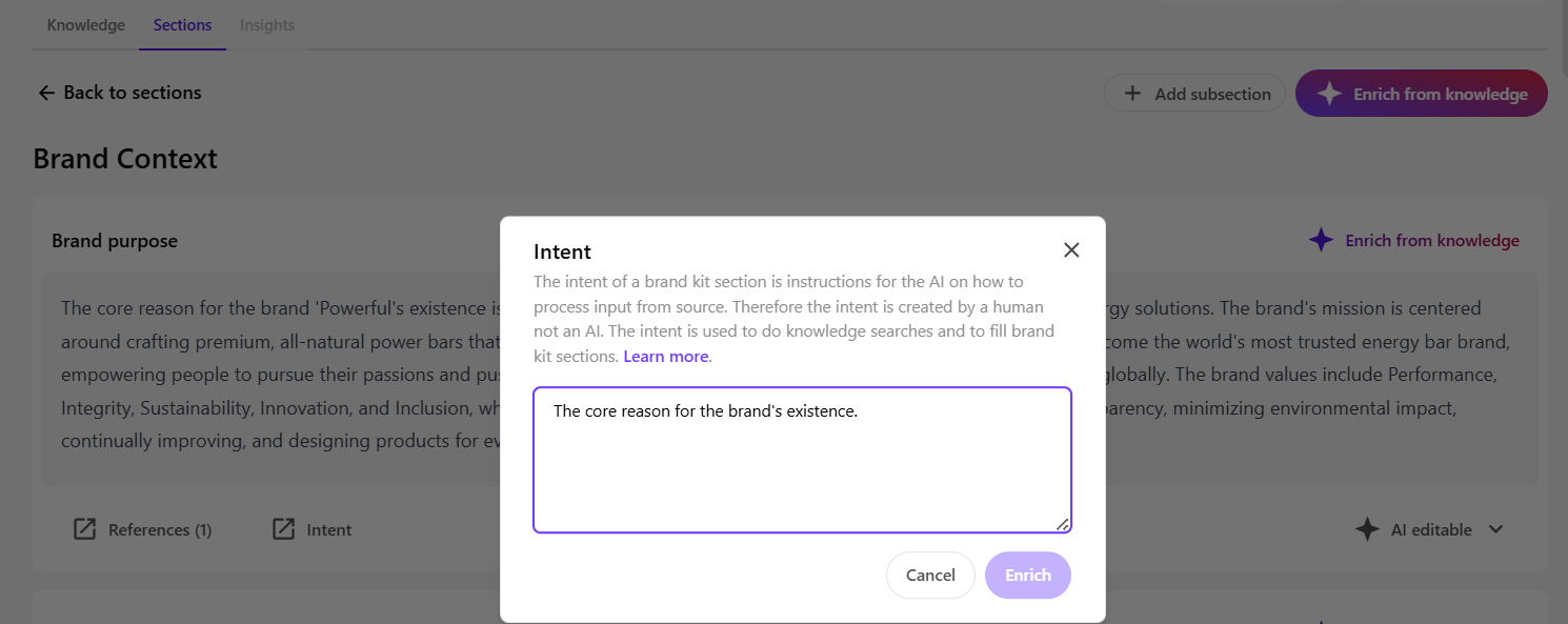 Default intent or AI instructions in the Brand purpose subsection of Brand Context.