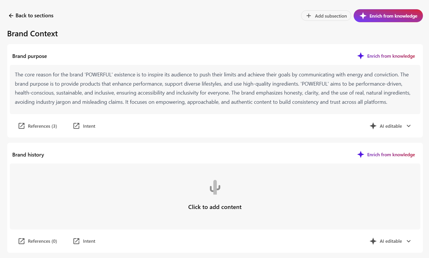 Click Enrich from knowledge to generate or refresh the content of a brand kit section or subsection.