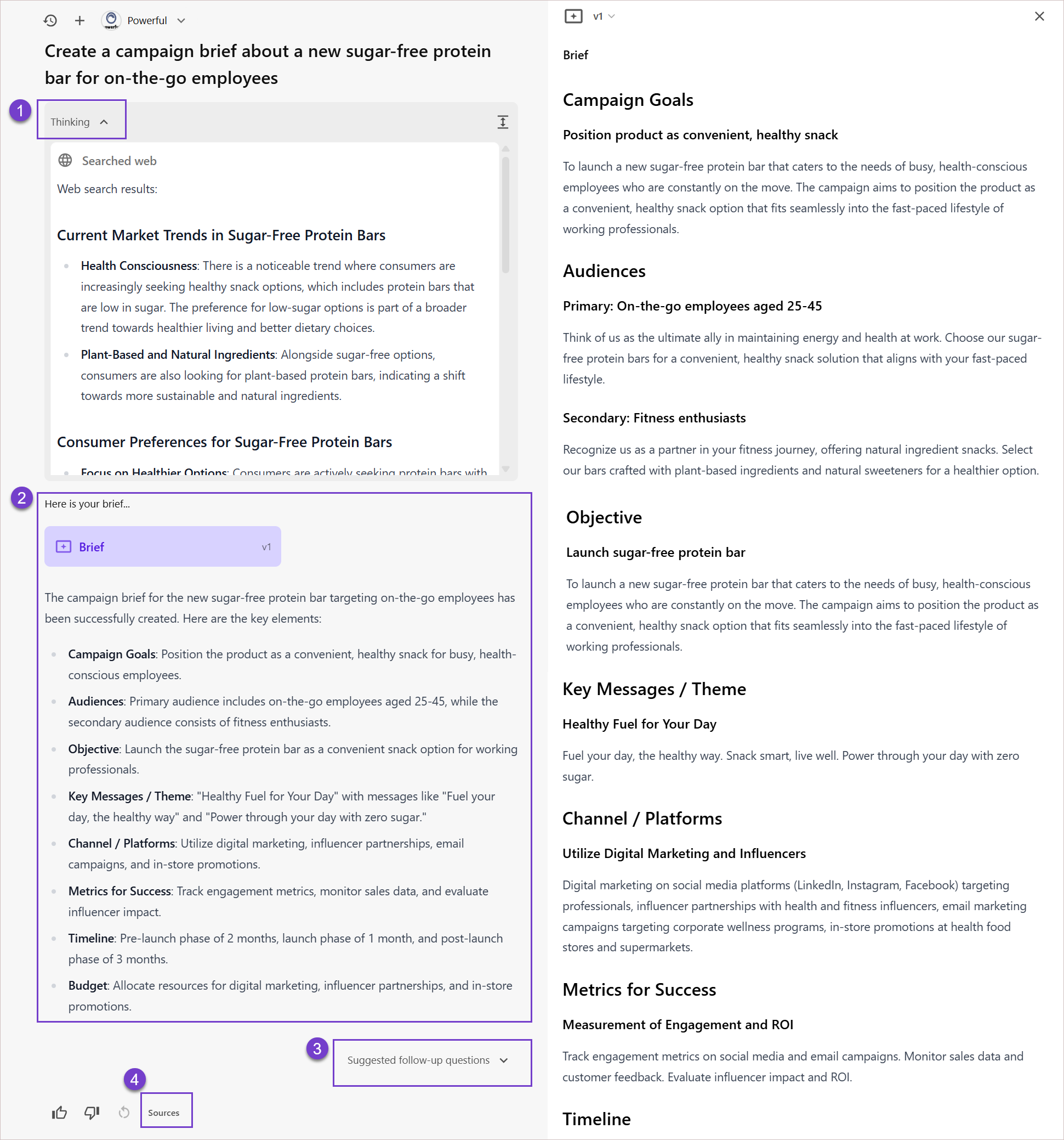 The generated response includes a summary, an artifact, details of the thinking process, sources, and follow-up questions.
