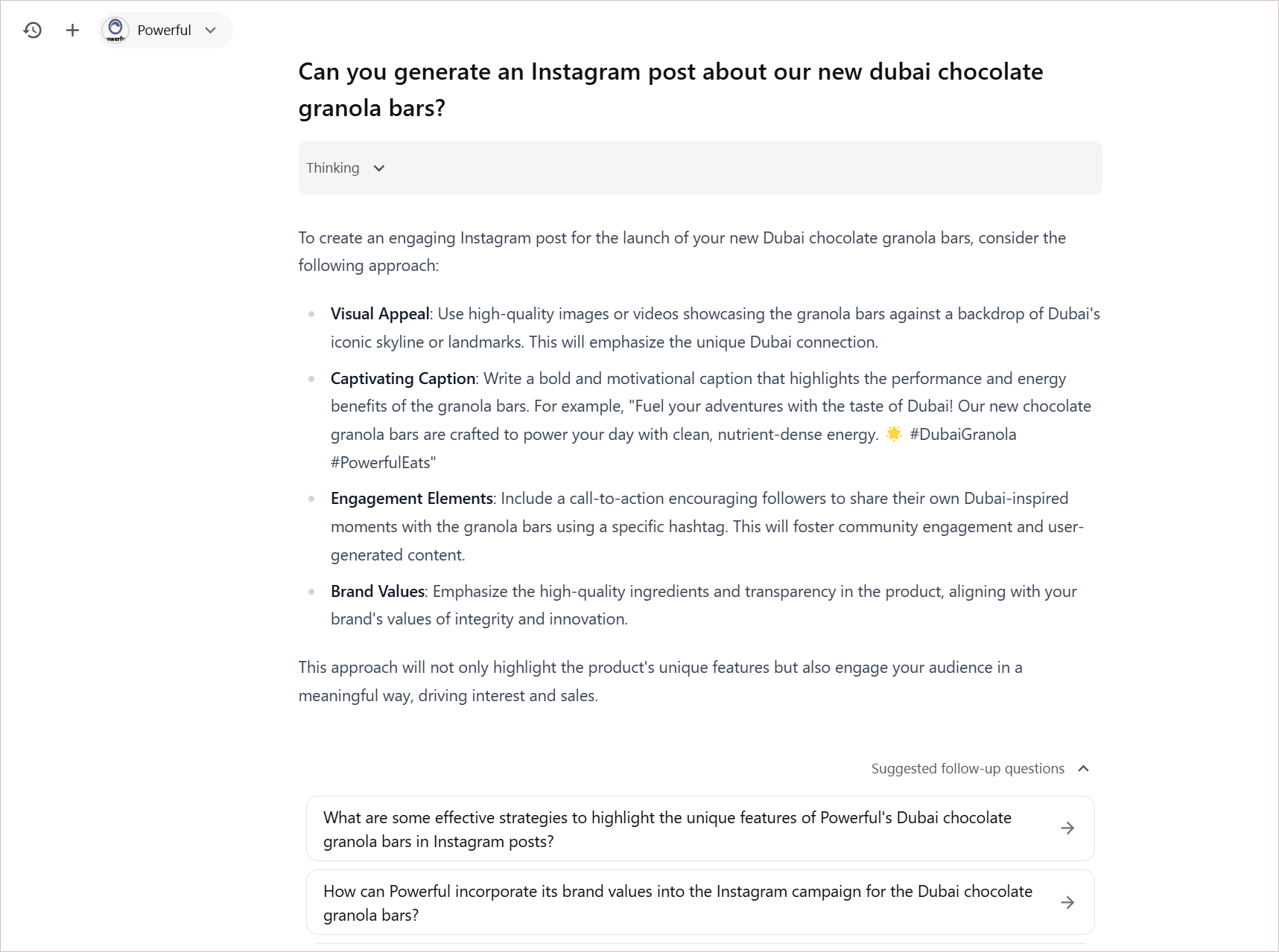 Example of a brand-aware chat response demonstrating how Brand Assistant creates content that is aligned to your brand's identity and standards.