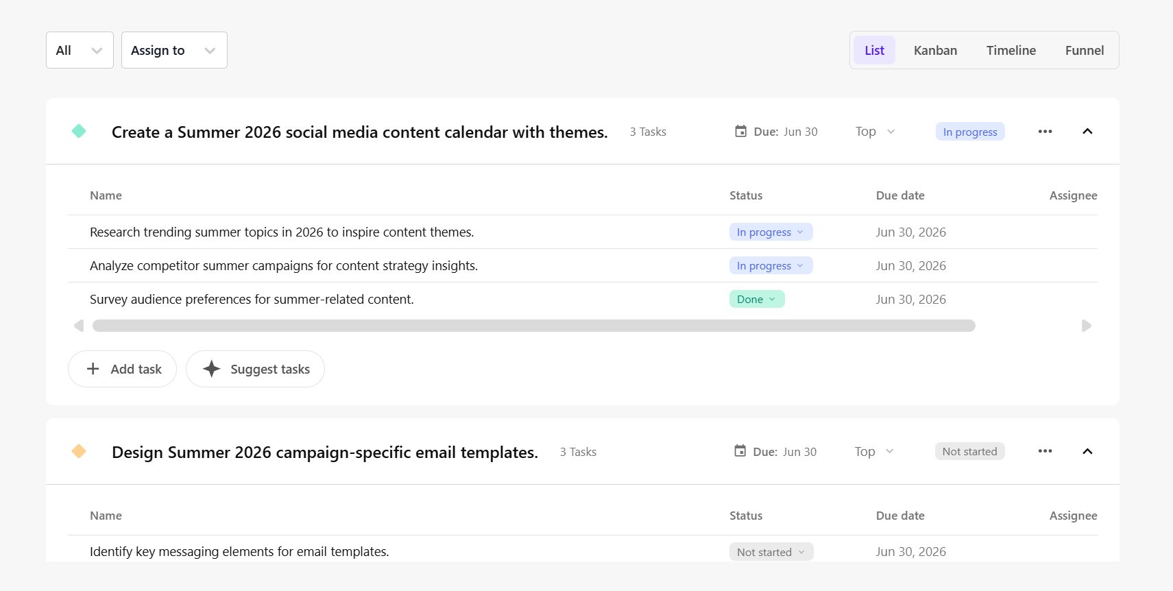 The List tab provides a hierarchical display of deliverables and tasks under the campaign.