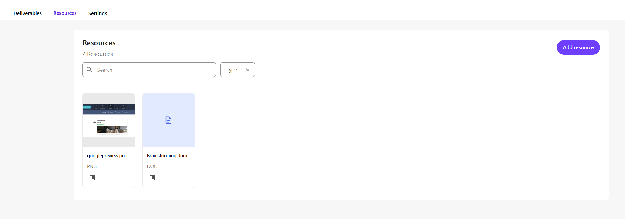 The Resources tab displays all files and documents associated with the campaigns.