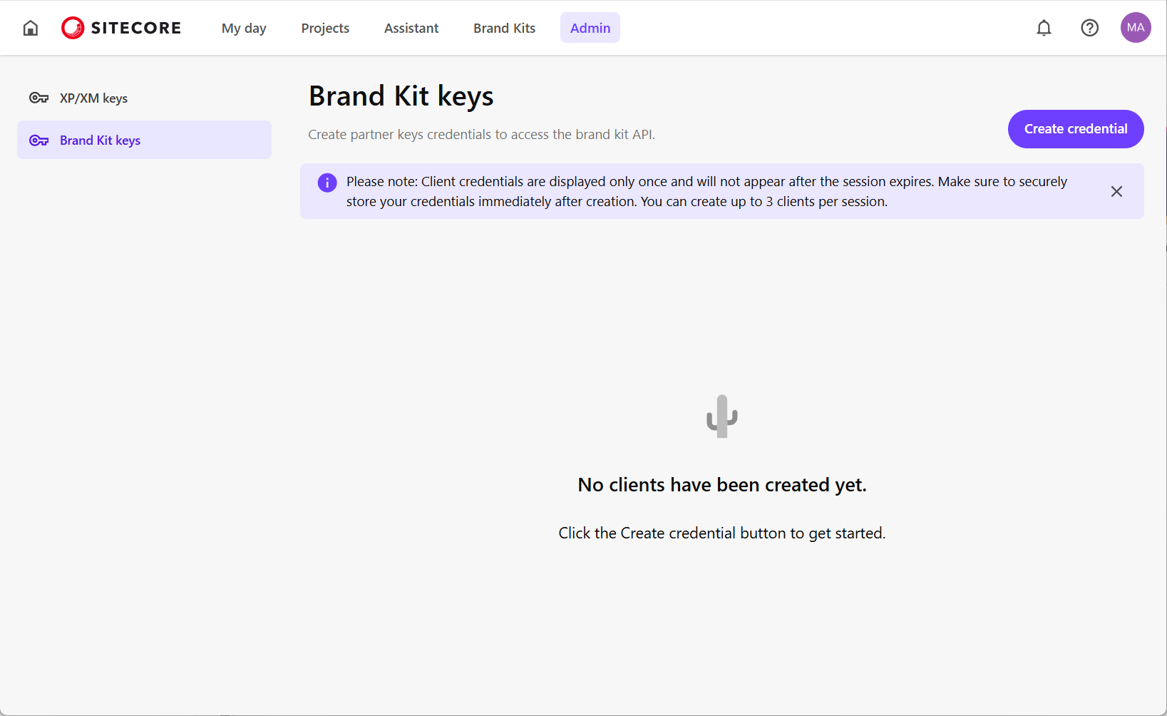 Click Create credential to create a new client.
