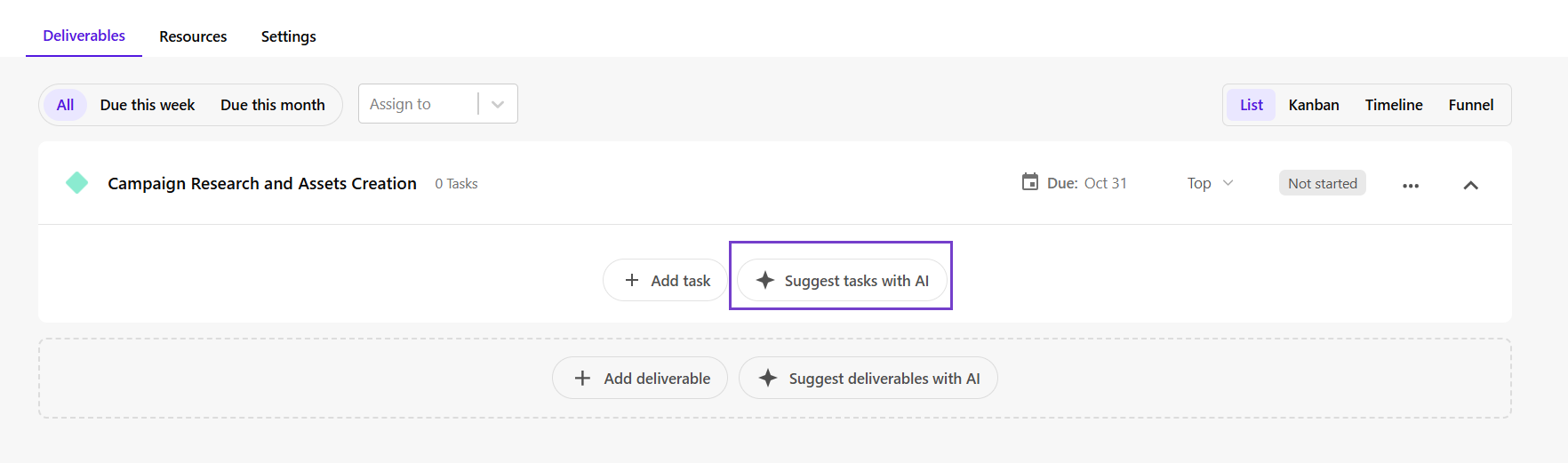 On the List tab, click Suggest tasks with AI to generate task suggestions.