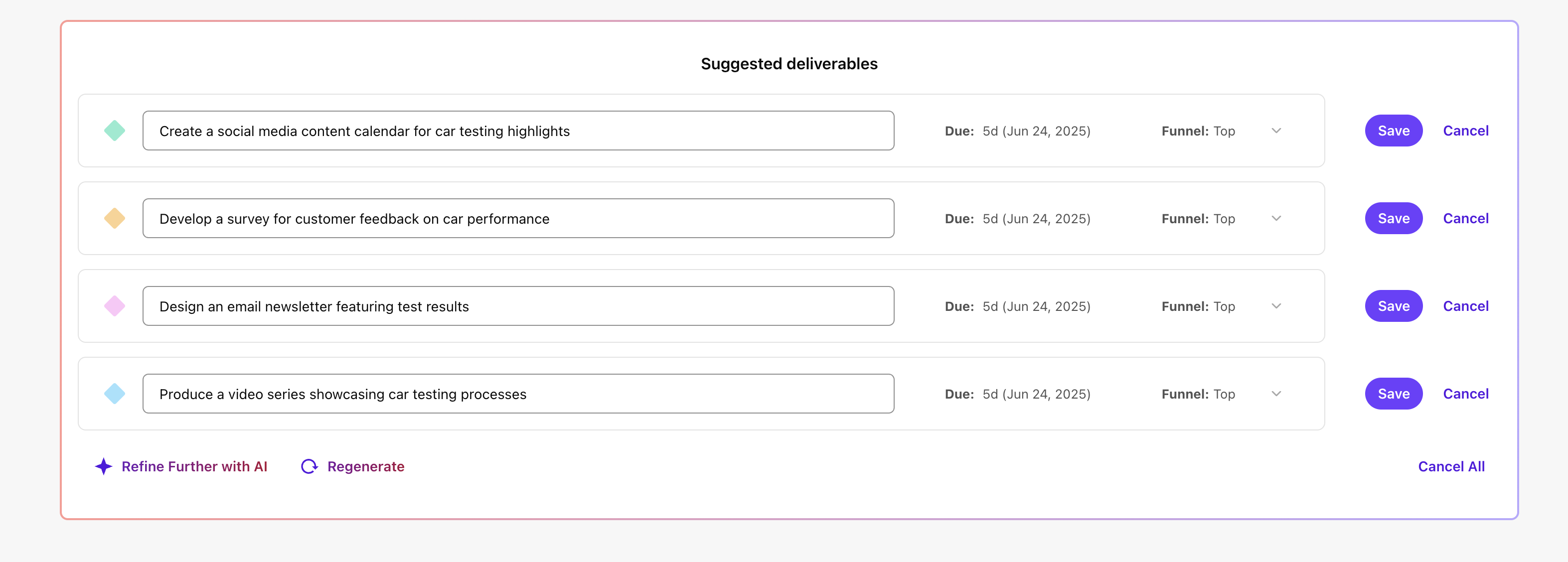 Click Save next to the AI-generated deliverable you want to add to your campaign. Click Save next to the AI-generated deliverable you want to add to your campaign.