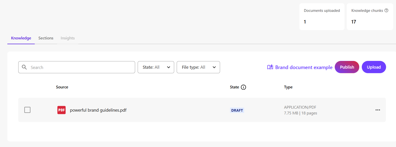 The uploaded file appears with a Draft status.