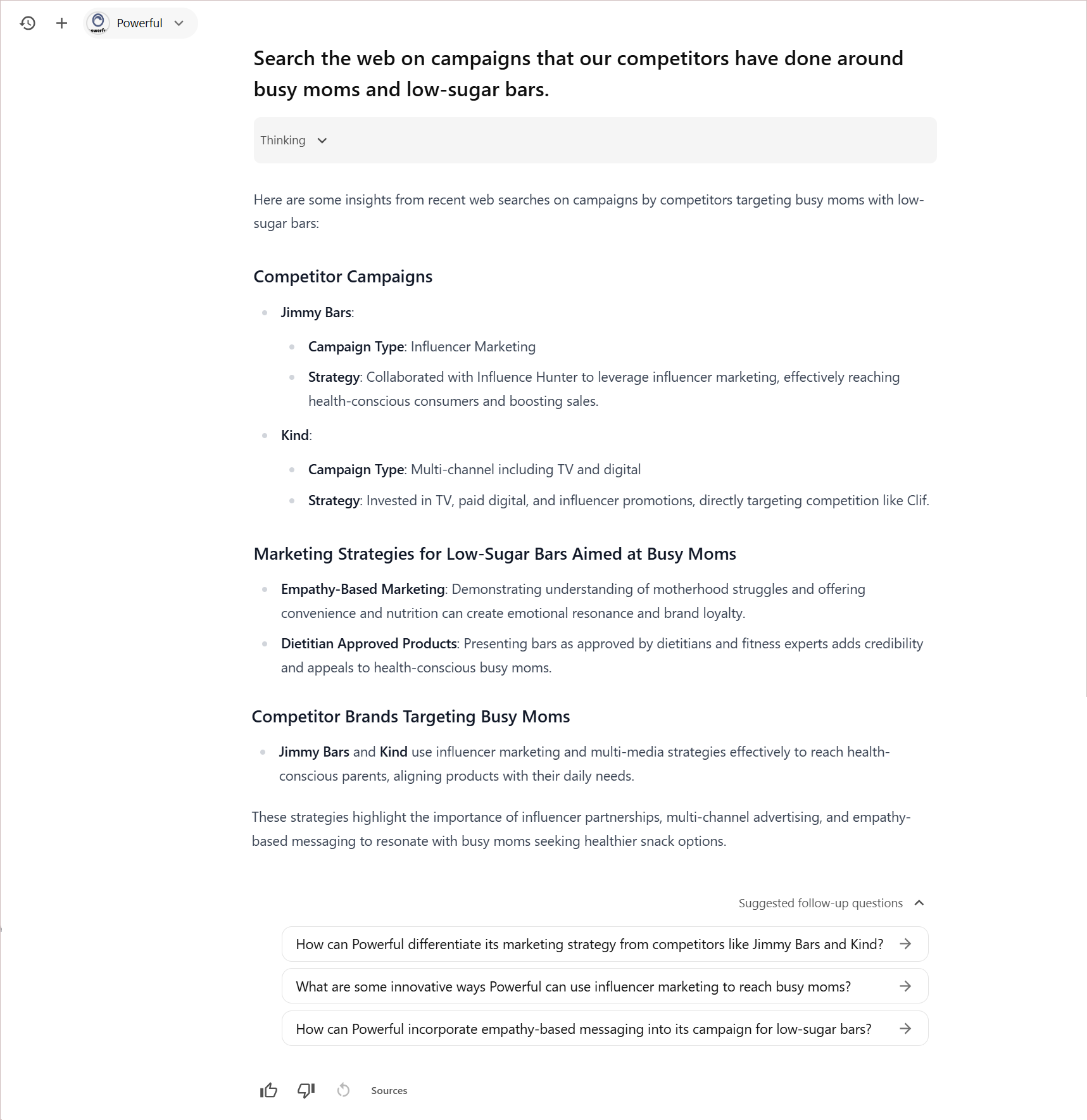 Example of a brand-aware chat response demonstrating how Brand Assistant uses web searches to gather information about competitor brands..