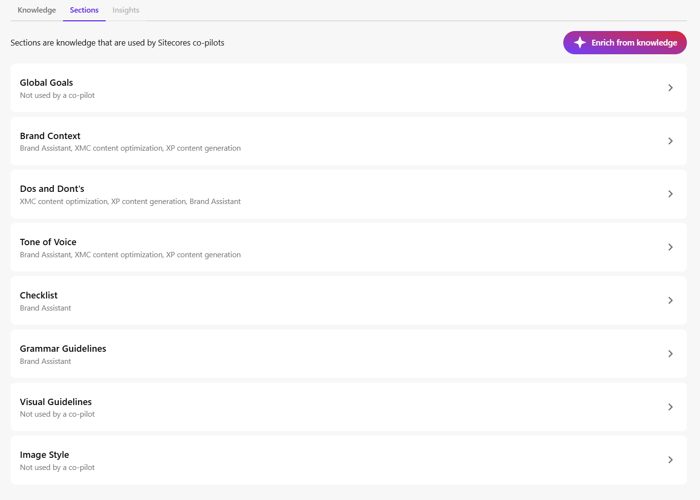 On the Sections tab, you can enrich the content of all brand kit sections, specific sections, or subsections.