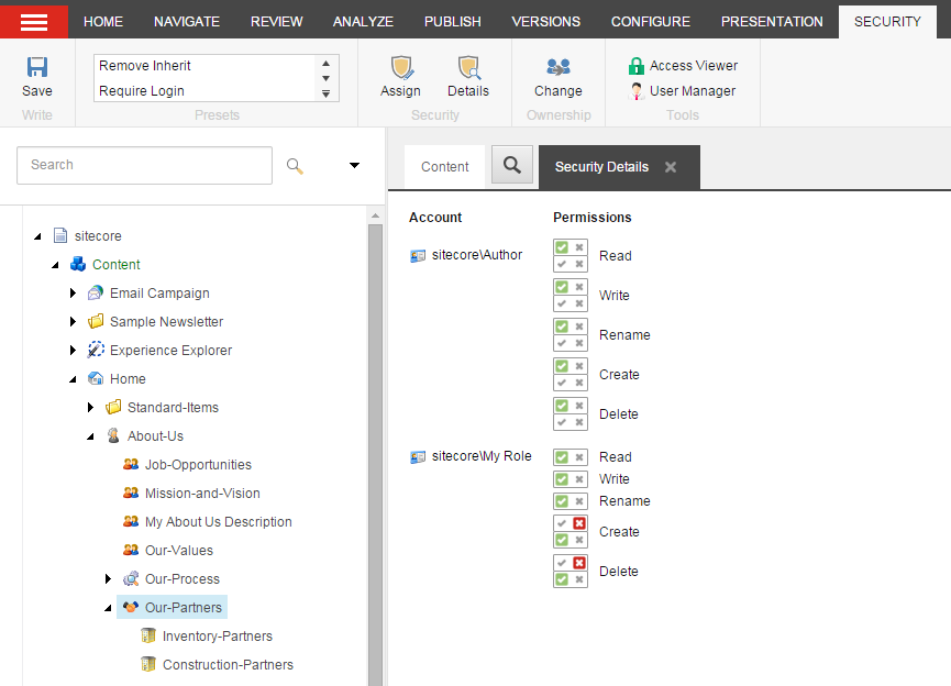 The Security Details tab in the Content Editor in Sitecore The Security Details tab in the Content Editor in Sitecore