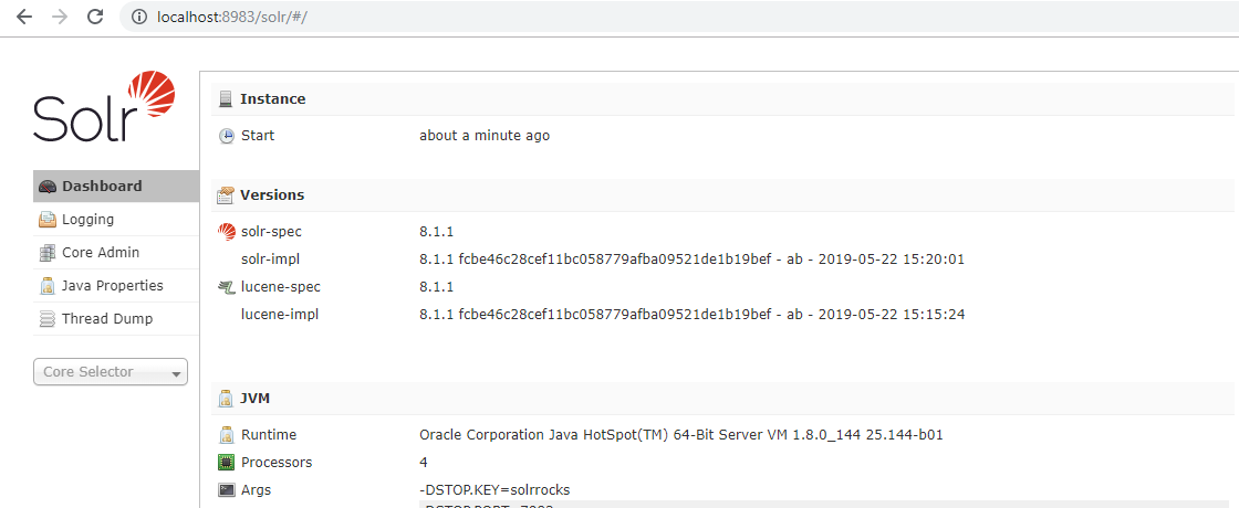 The Dashboard on the Solr administration page