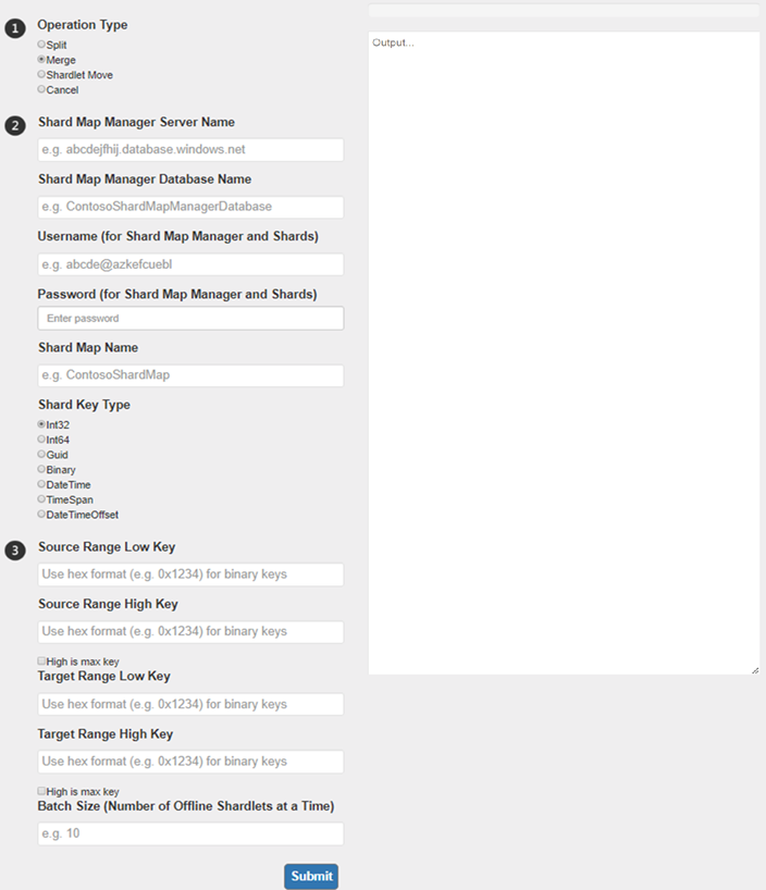 Split/merge service web page showing the settings for the Merge operaton