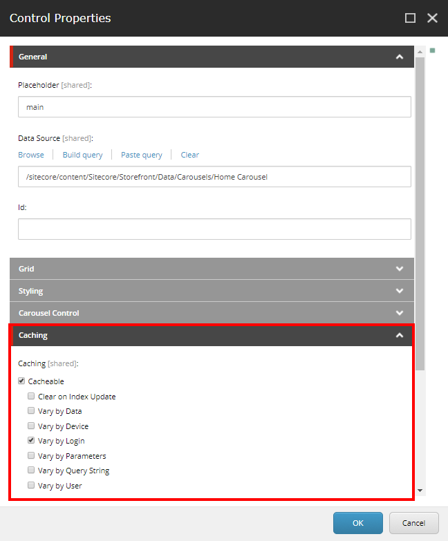 Shows the caching settings in the Experience Editor Control properties.
