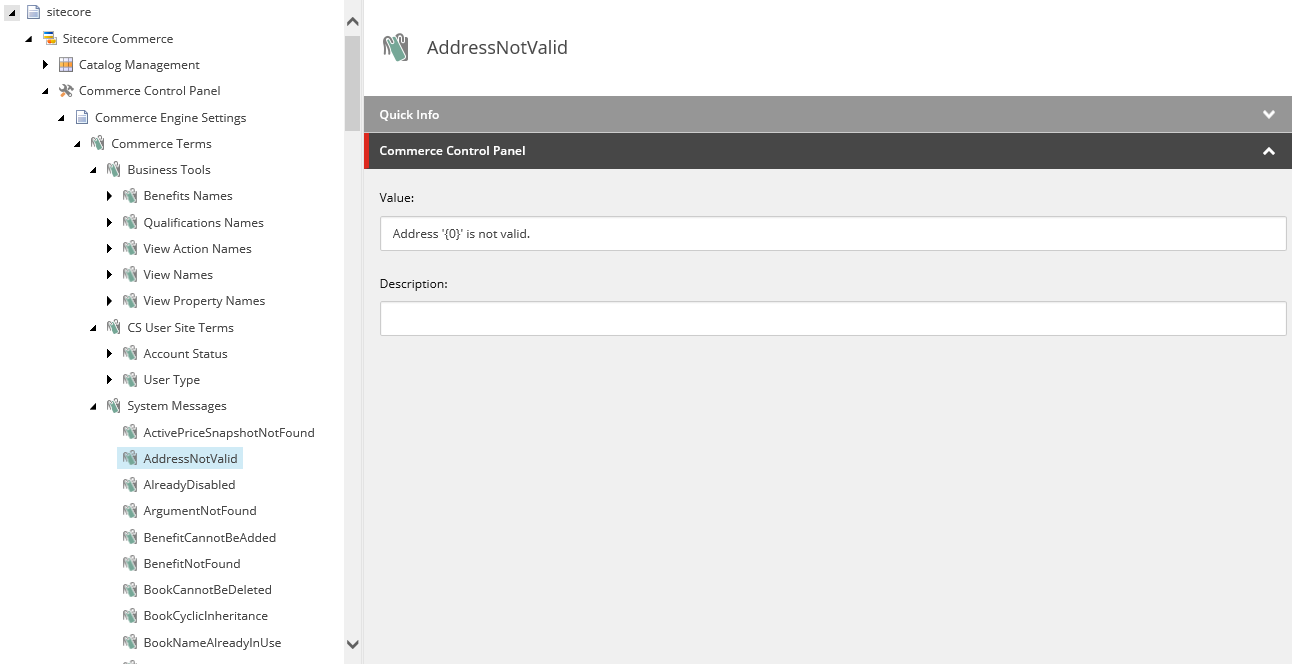 System messages in Commerce terms folder.