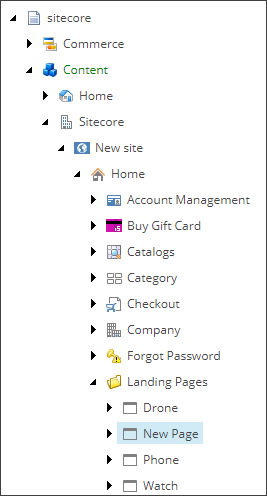 New page displayed in the Content Editor for the new site.