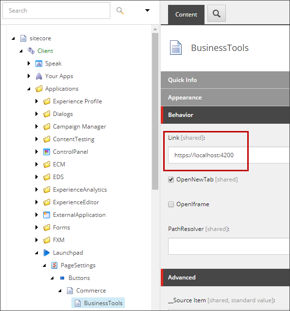 Behavior section for the Business Tools URL