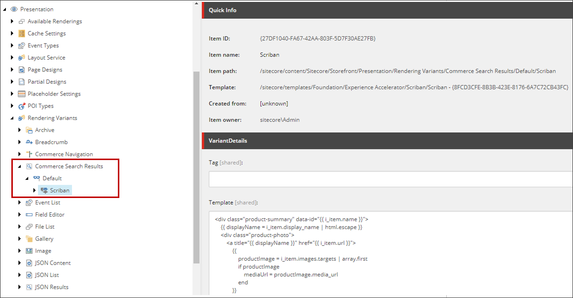 Location of the Scriban template in the content tree