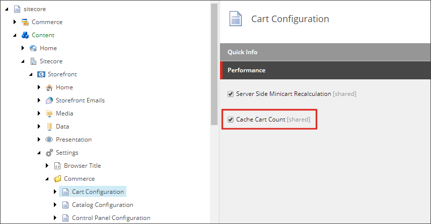 The Cache Cart Count check box in the Cart Configuration item The Cache Cart Count check box in the Cart Configuration item