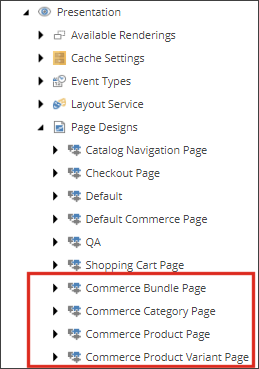 Commerce pages in the Page Designs folder. Commerce pages in the Page Designs folder.