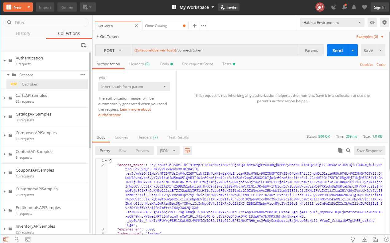 Authentication token displayed in Postman body pane.