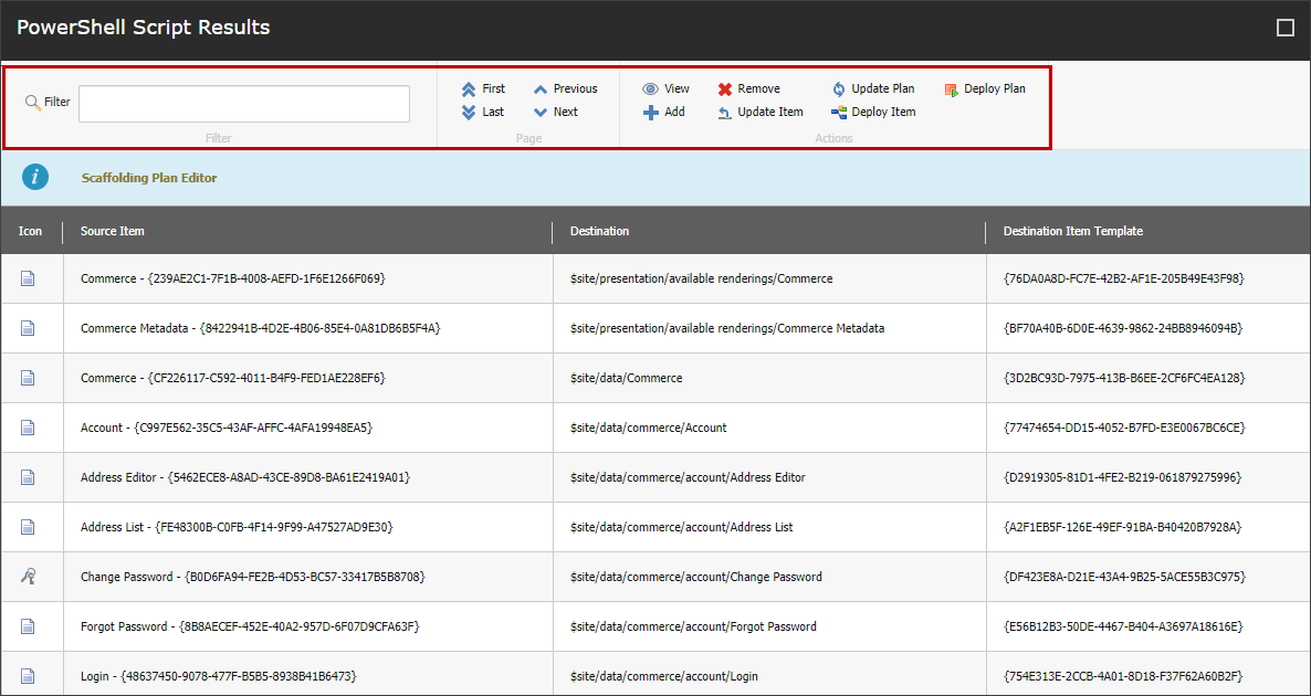 Powershell Script Results dialog box showing available commands.