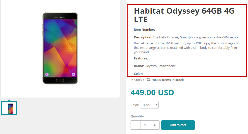 Product Information section on the live storefront with changes.