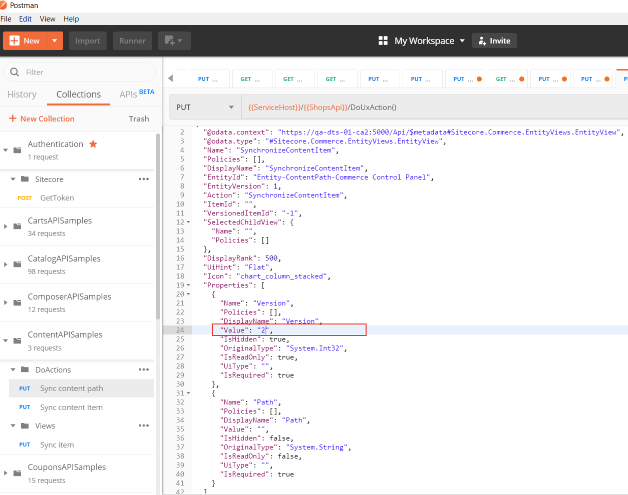 The "Version" property in the Sync content path request.