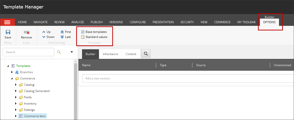 Commands available from the BUILDER OPTIONS tab on the ribbon menu. Commands available from the BUILDER OPTIONS tab on the ribbon menu.