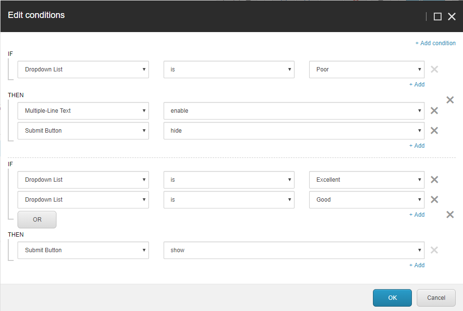 Edit conditions for form elements dialog box