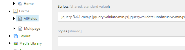 Scripts field in the Content Editor.