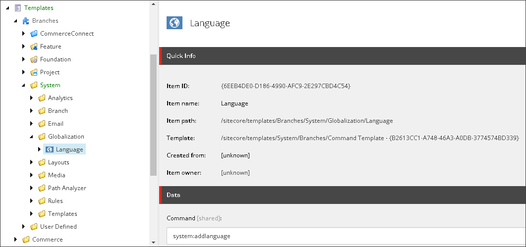 Content tab for the Language template item