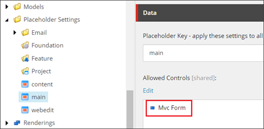 Add the MVC control to the placeholder settings.