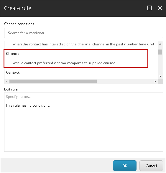 Custom section in the Create rule dialog box.