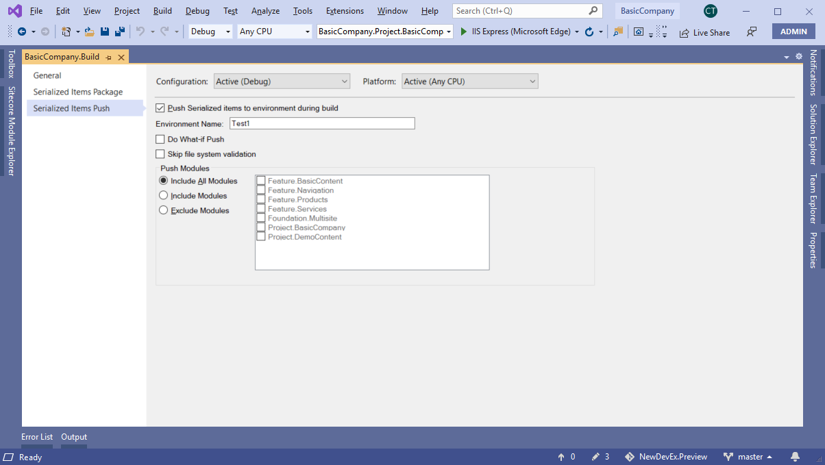 Illustration showing how to configure what items to push to your Sitecore instance at build time. Illustration showing how to configure what items to push to your Sitecore instance at build time.