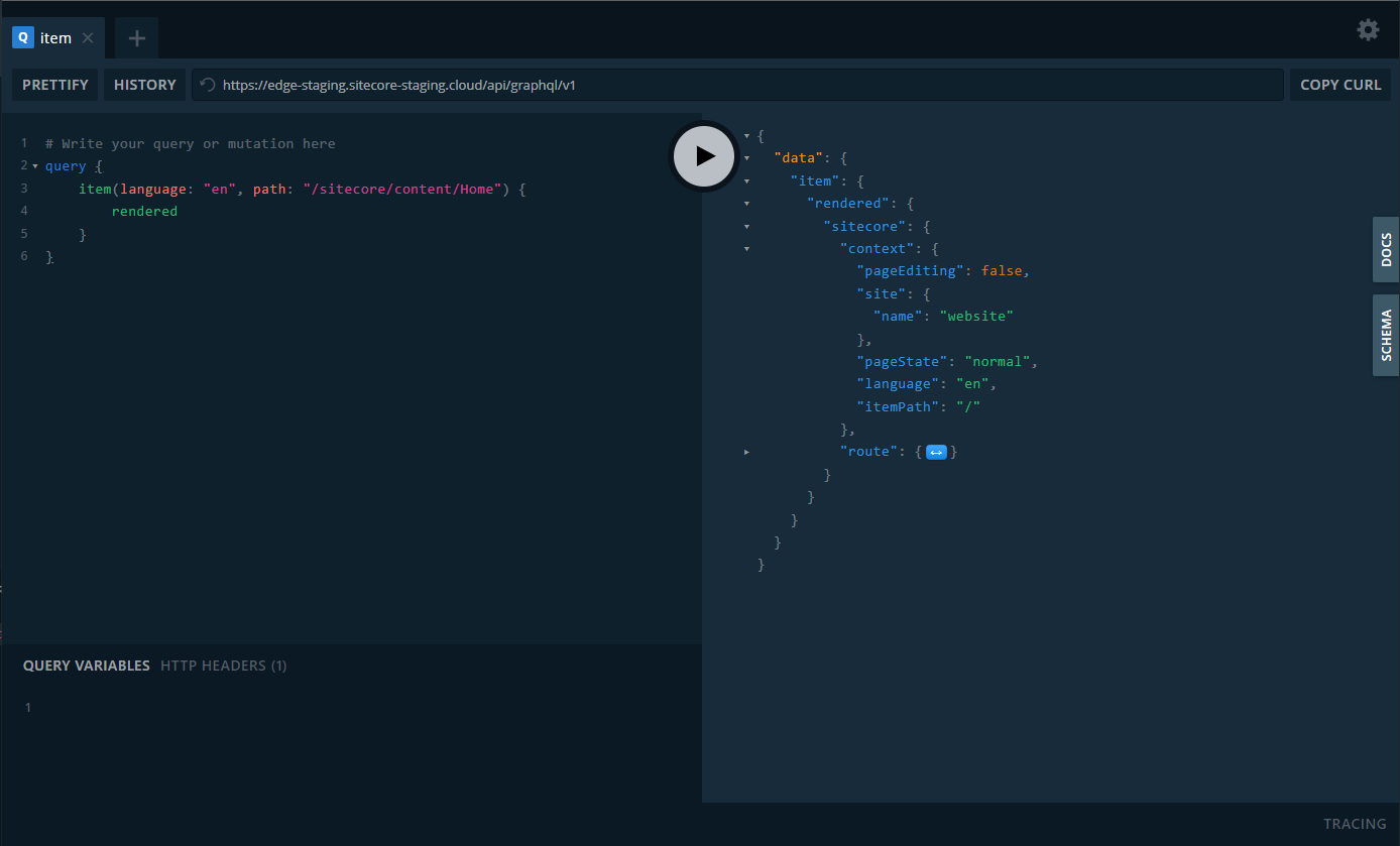 An item query against the delivery API in the GraphQL IDE.