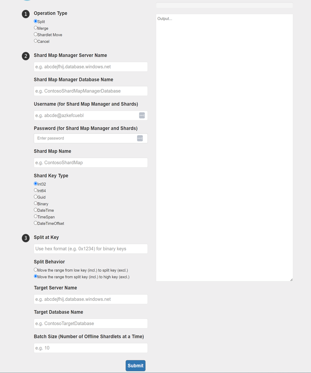 The split/merge web page settings for the Split operation The split/merge web page settings for the Split operation