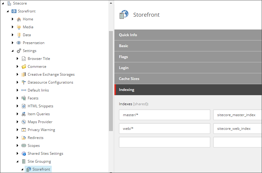 Storefront component in the Site Grouping folder.