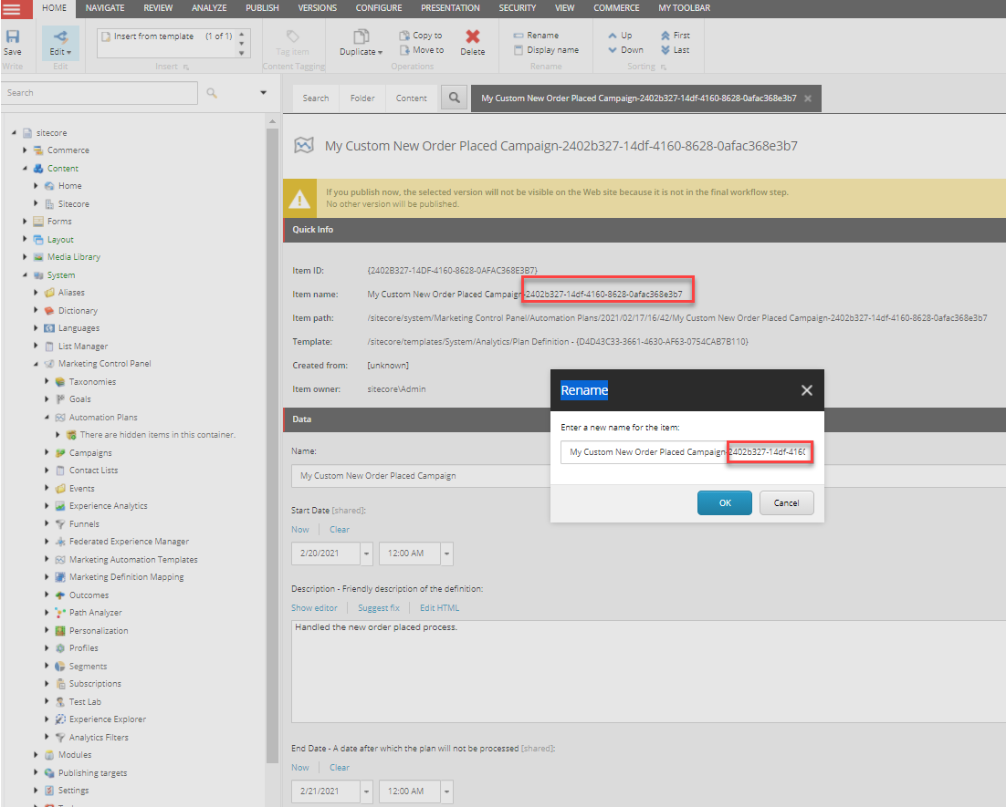 The marketing automation plan name displayed with the appended GUID in the Marketing Automation plan window.