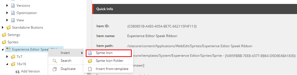 The Insert menu on a sprite item in the Content Editor
