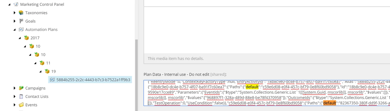Plan data shown from the Content Editor