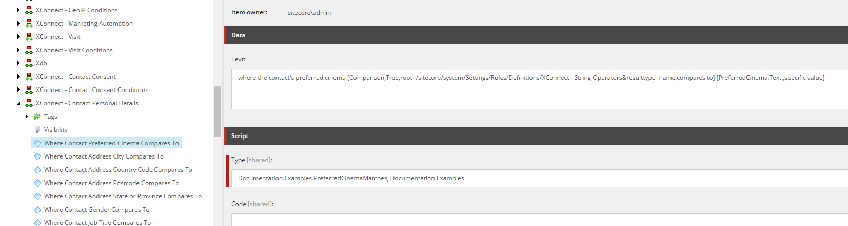 Type and Text fields defined for the preferred cinema condition Type and Text fields defined for the preferred cinema condition