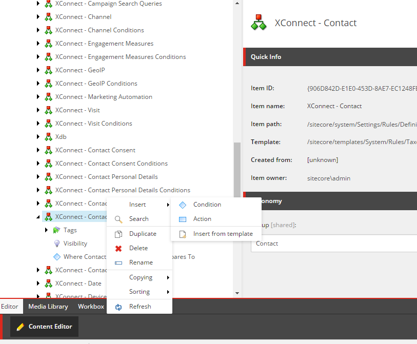 xConnect conditions shown in the Content Editor xConnect conditions shown in the Content Editor