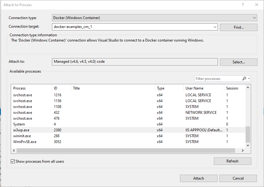 Visual Studio dialog with a list of processes. Visual Studio dialog with a list of processes.