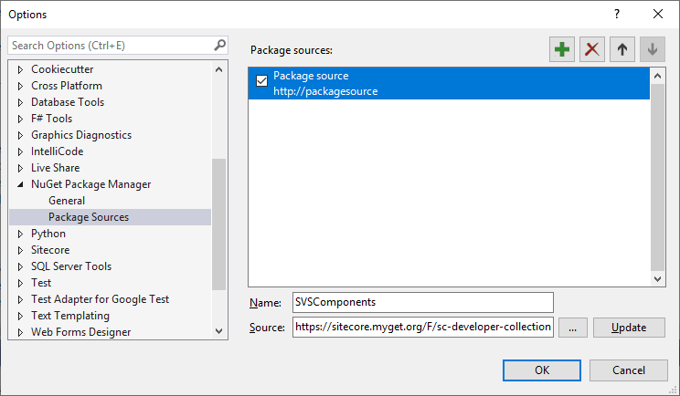 Illustration showing the Options window and how to add a package source. Illustration showing the Options window and how to add a package source.