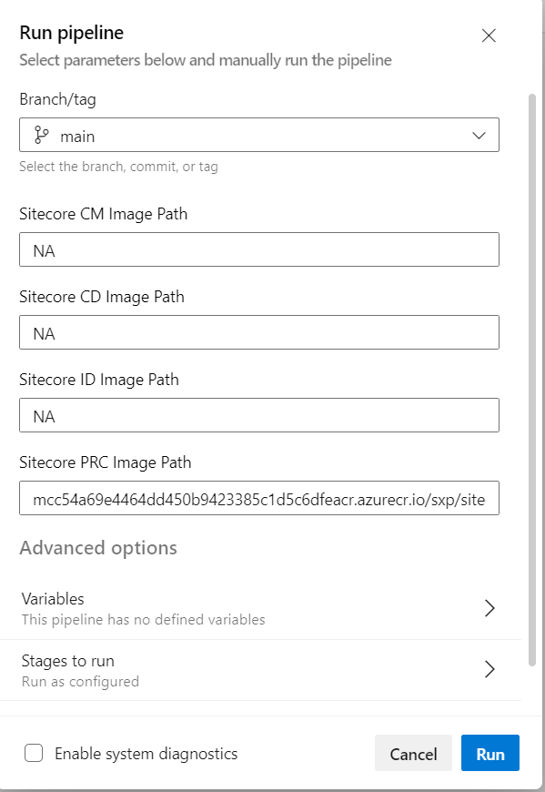 The Run pipeline dialog. The Run pipeline dialog.