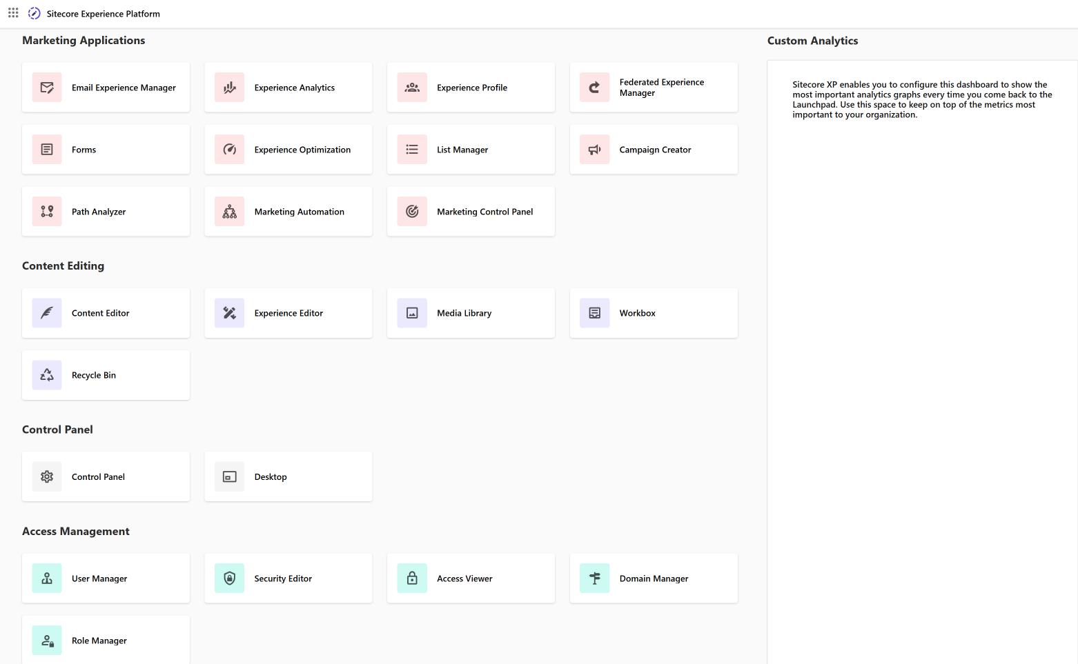 Launchpad showing all the available applications as well as analytics.