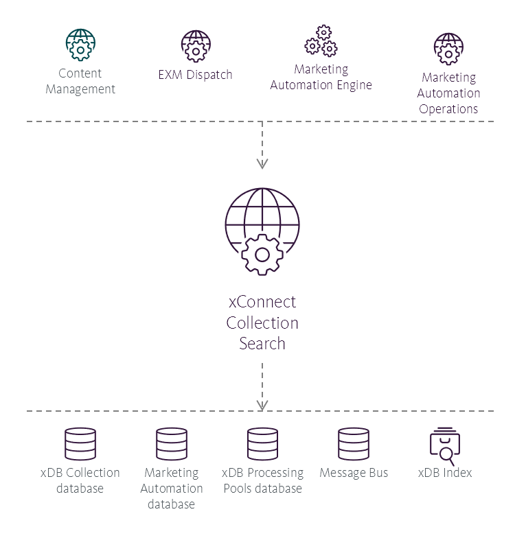 Illustration showing the xConnect Collection Search service's place in the Sitecore reference structure.