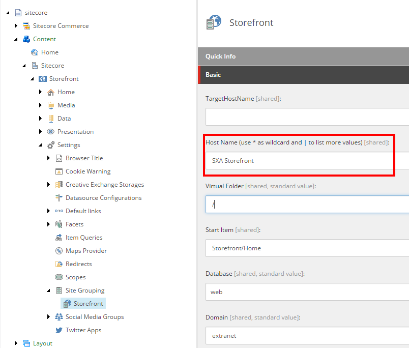 Storefront in the Site Grouping folder.
